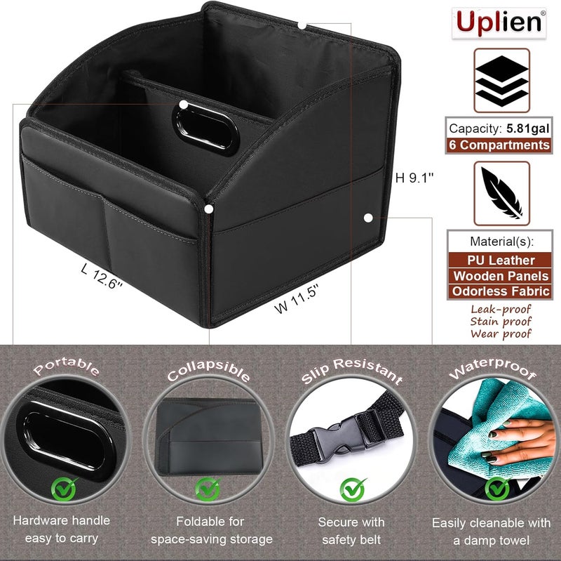 Uplien Car Storage Organizer [2025 UPDATED] Leather Car Caddy Basket for Front Seat Floor Back Seats Metal Handle 6 Compartments Adjustable Strap Buckles Slip-Resistant (Black) - Image 4
